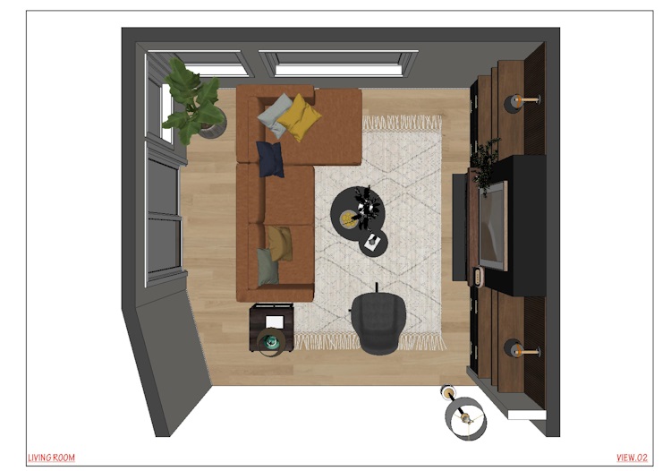 2D Plan view of Living room Rendering from 3D design app 